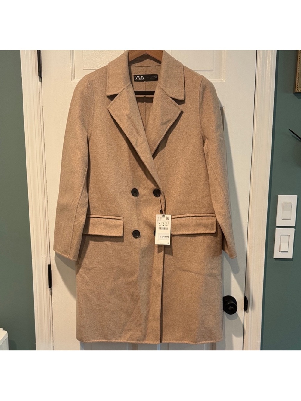 NWT Zara Camel Double-Breasted Soft Wool Blend Coat Notch Collar SZ L Preppy